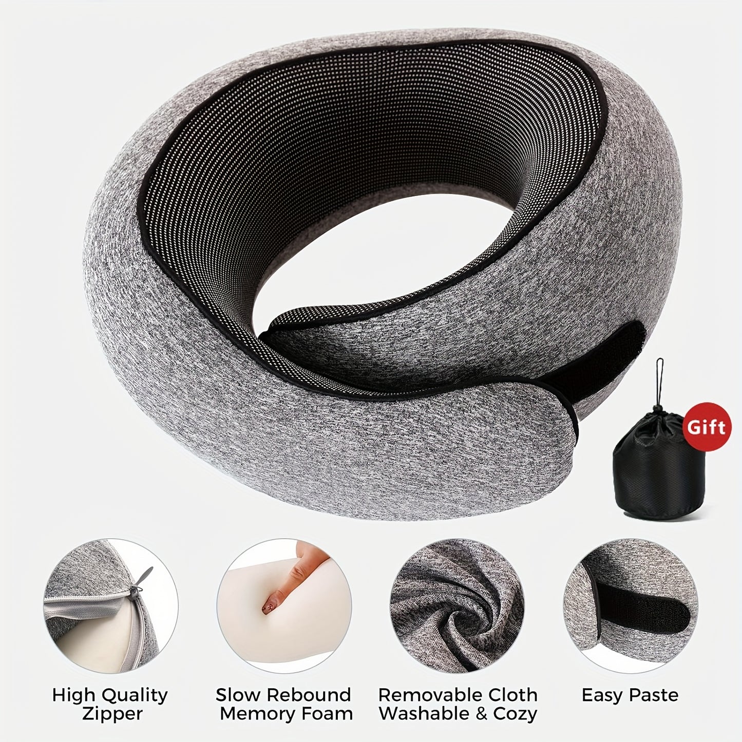 Comfort Travel Neck Pillow | Ergonomic Design for Airplanes - Breathable Memory Foam with Washable Cover, Perfect for Office & Car Naps, Grey