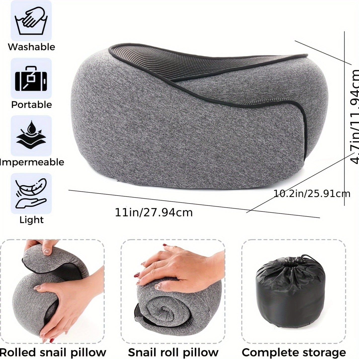 Comfort Travel Neck Pillow | Ergonomic Design for Airplanes - Breathable Memory Foam with Washable Cover, Perfect for Office & Car Naps, Grey