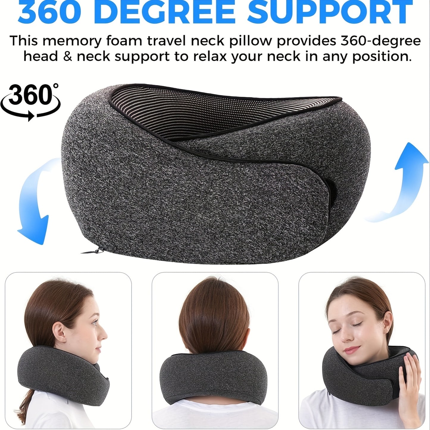 Comfort Travel Neck Pillow | Ergonomic Design for Airplanes - Breathable Memory Foam with Washable Cover, Perfect for Office & Car Naps, Grey