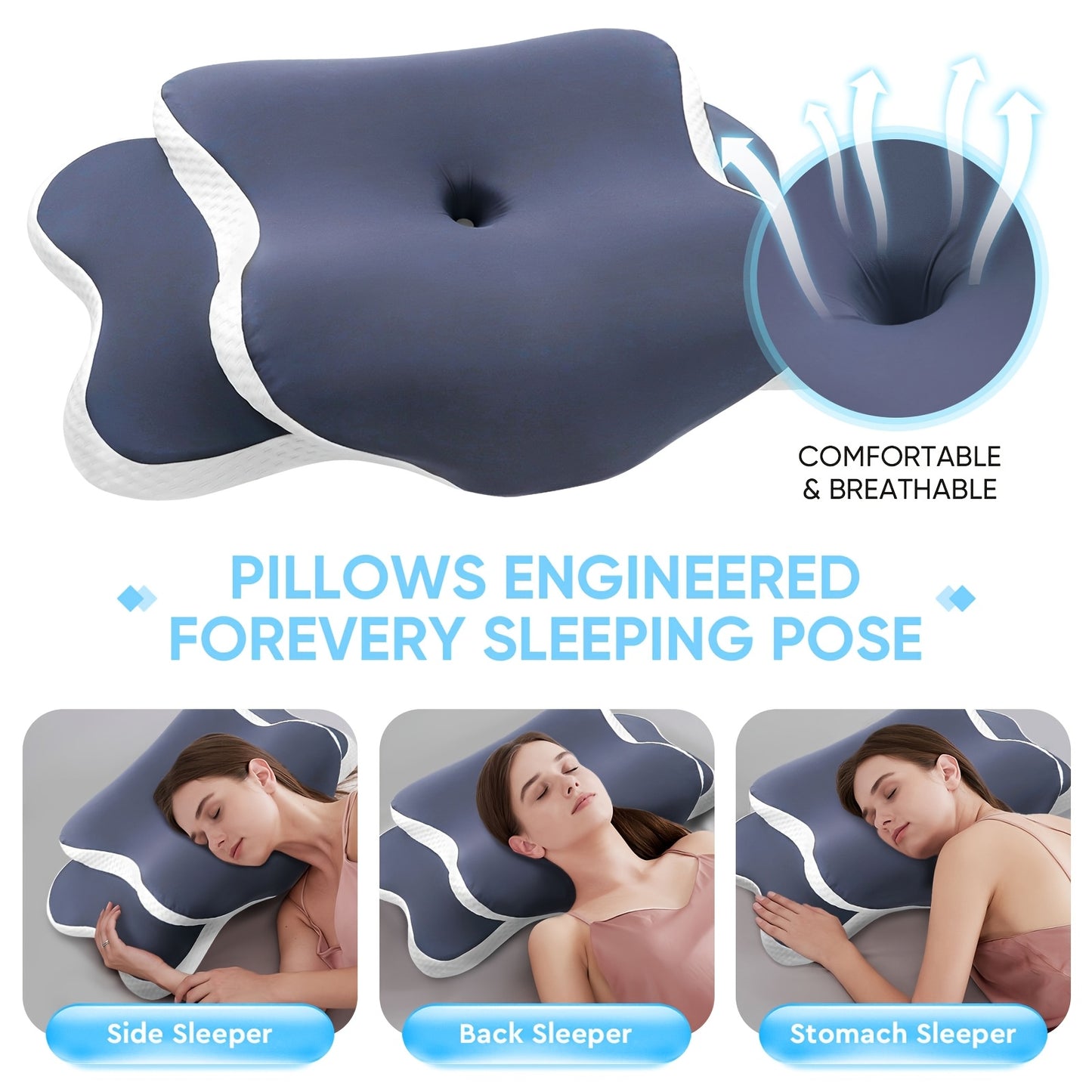 Ergonomic Butterfly Pillow - Breathable Mesh Fabric for Side, Back & Stomach Sleepers, Neck Support