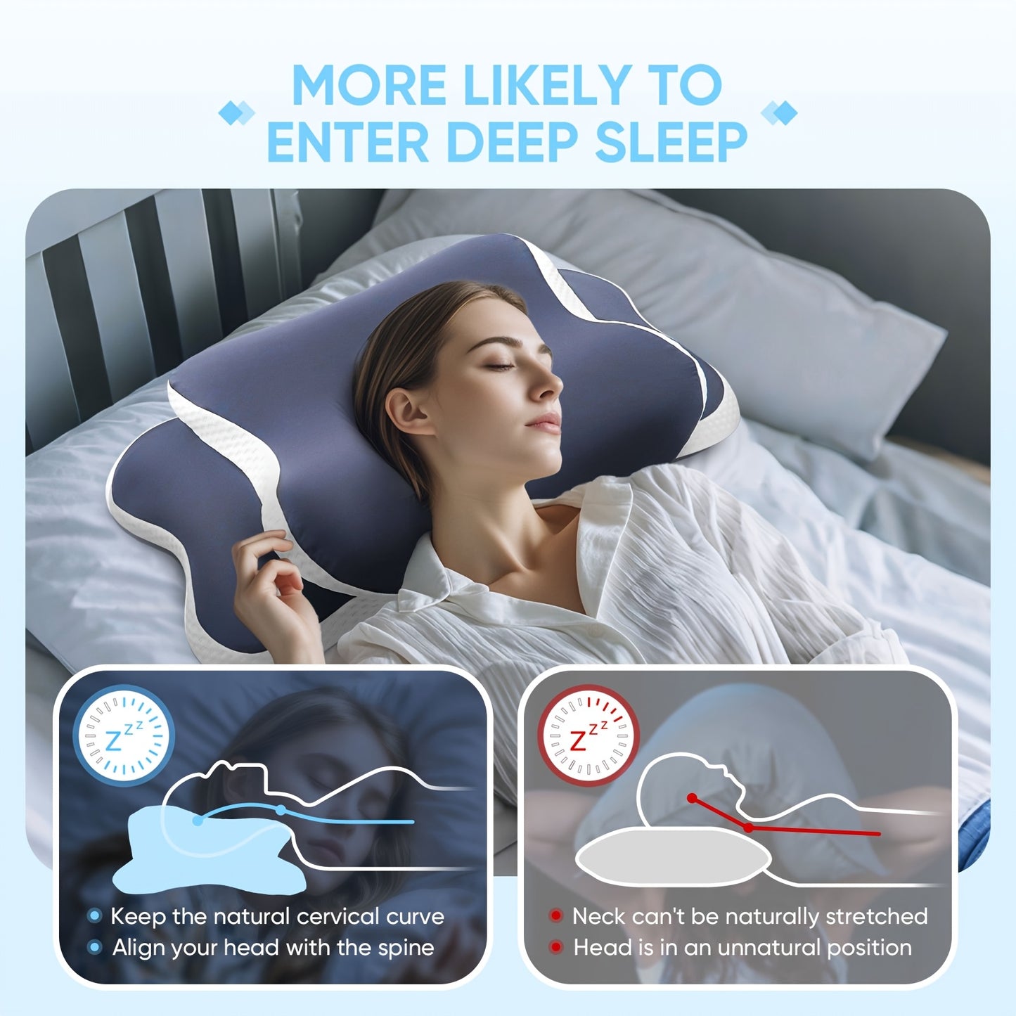 Ergonomic Butterfly Pillow - Breathable Mesh Fabric for Side, Back & Stomach Sleepers, Neck Support